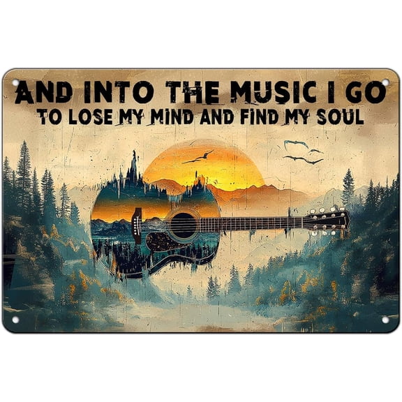 Vintage Metal Guitar Wall Sign Art Decor, And Into the Music I Go Quote, 12 x 8 Inch Poster for Garage, Man Cave, Shed, Office