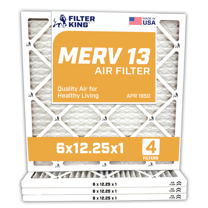 Filter King 6x12.25x1 Air Filter | 4-PACK | MERV 13 HVAC Pleated A/C Furnace Filters | MADE IN USA | Actual Size: 06 x 12.25 x .75"