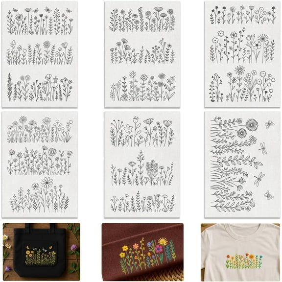 16Pcs Wildflowers Water Soluble Hand Sewing Stabilizers 8.3"x11.7" Flower Cluster Embroidery Pattern Stabilizer 6 Sheets Floral Stick and Stitch Embroidery Paper Sticker DIY