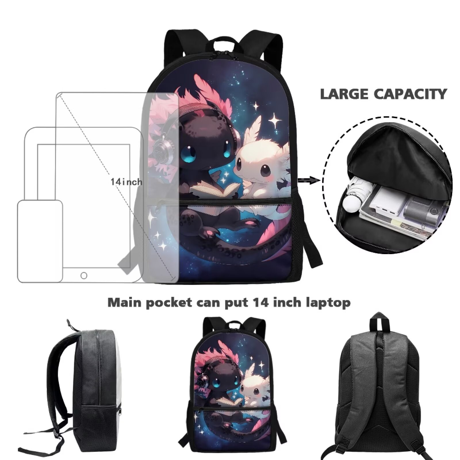 Mochila escolar para niños con estampado de ajolote galaxia, 17 pulgadas, gran capacidad, compartimento para laptop, correas ajustables, regalo para inicio de clases 6