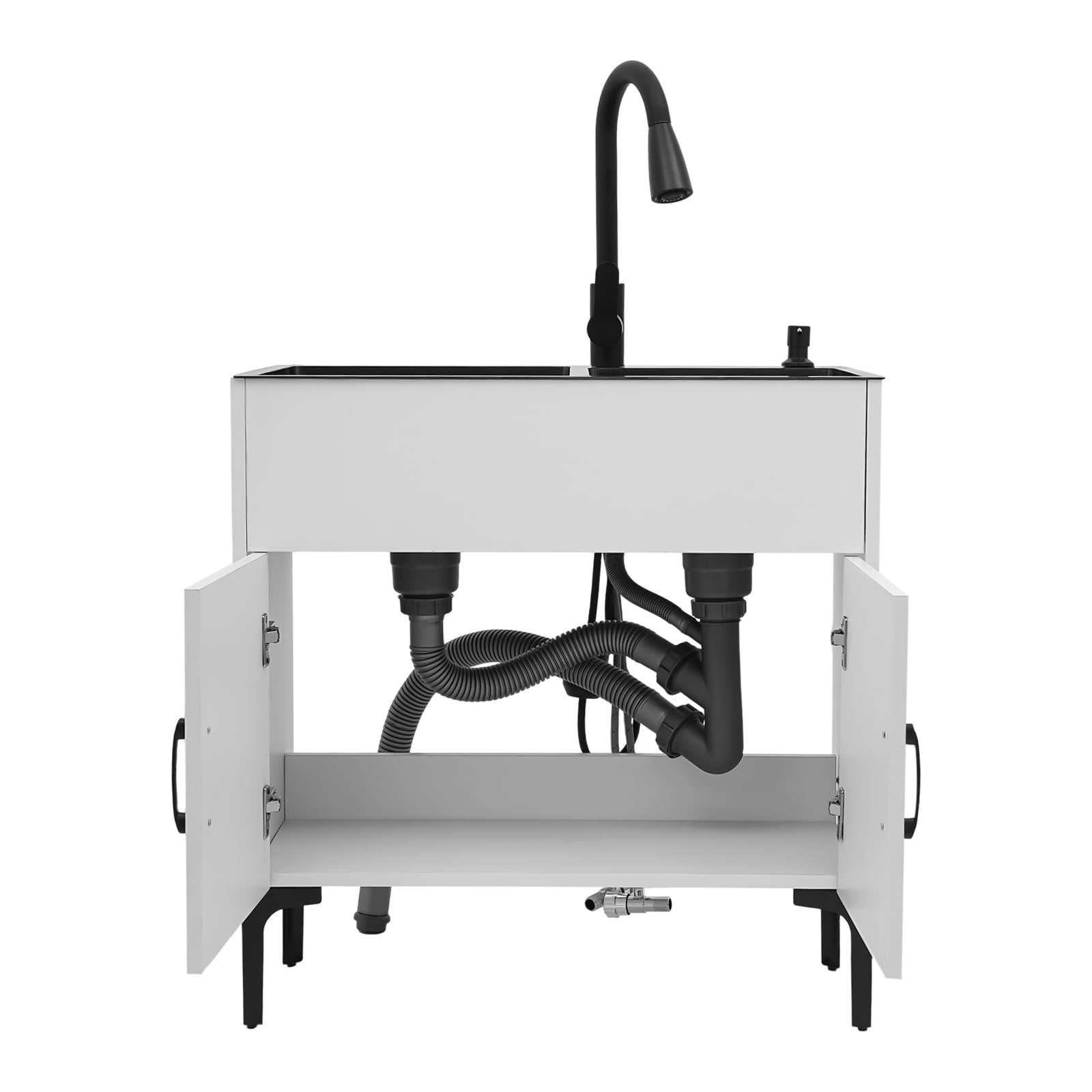 White Freestanding Double Kitchen Sink with Cabinet, Pull-Out Faucet, Soap Dispenser, Drainage Basket, 201 Stainless Steel & Wood, Black/White, 29.5"x16.1"x30.7", Easy Assembly, Complete Set
