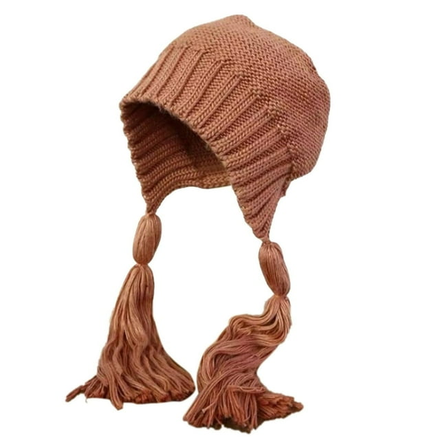 Autumn WInter Women Beanie Hat Braided Fringe Solid Color Ear Protection Dome Brimless Beanie Cap for Daily Wear
