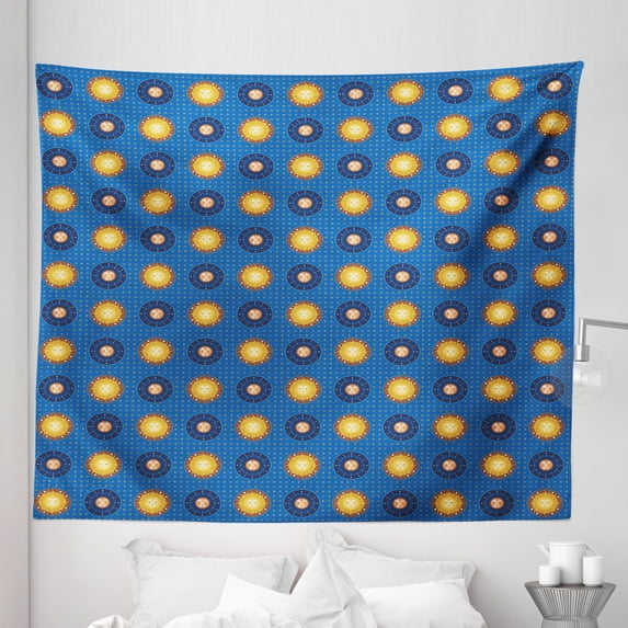 Astrology Tapestry, Vintage Pattern with Celestial Elements Astronomic Ornaments, Fabric Wall Hanging Decor for Bedroom Living Room Dorm, 5 Sizes, Yellow Brown and Blue, by Ambesonne
