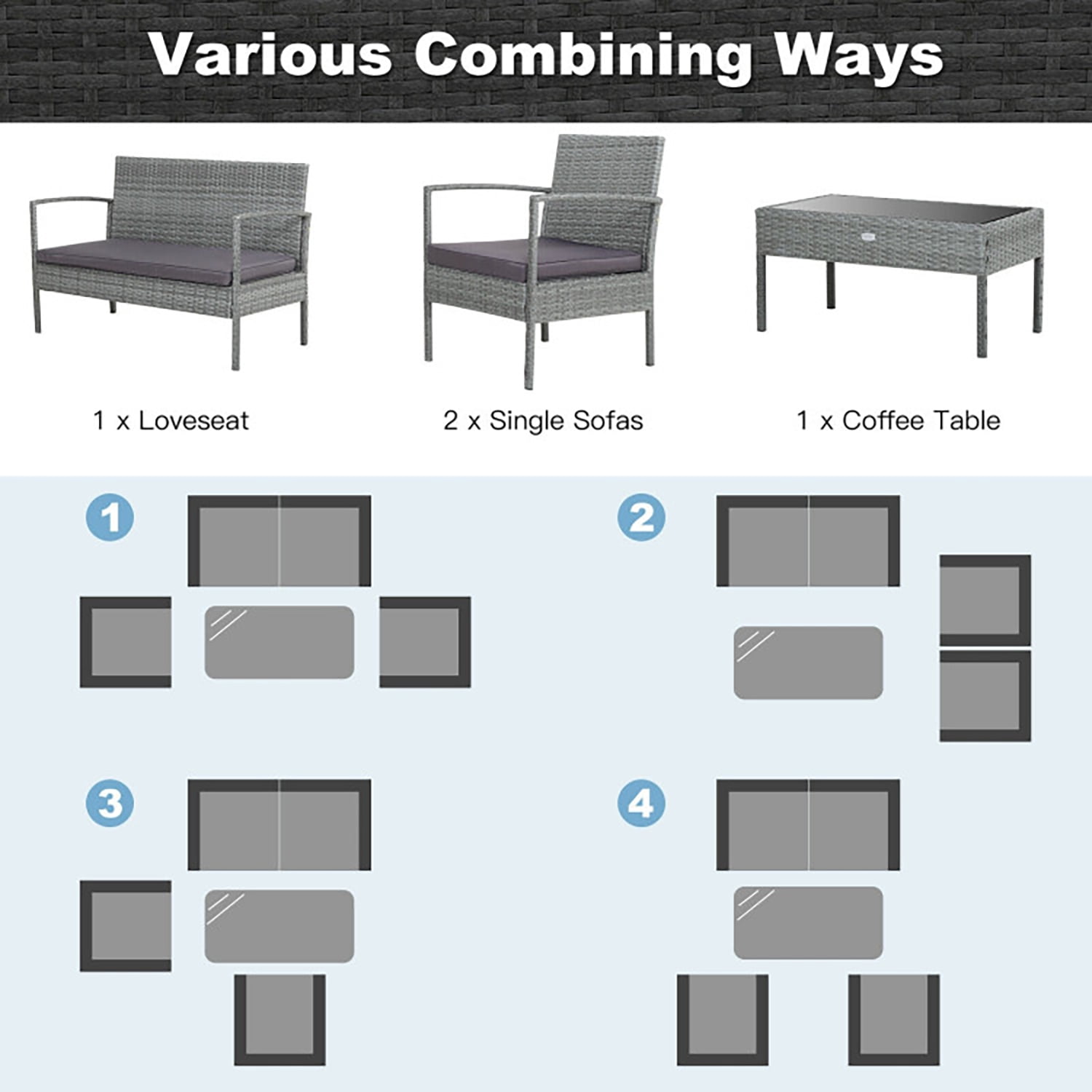 Aimee Lii Rattaner Outdoor Patio Furniture, 4 Pieces Patio Rattan Wicker Conversation Set Sofa Cushioned Wooden Tabletop, B-Gray Aimee Lii Rattaner Outdoor Patio Furniture, 4 Pieces Patio Rattan Wicker Conversation Set Sofa Cushioned Wooden Tabletop, B-Gray
