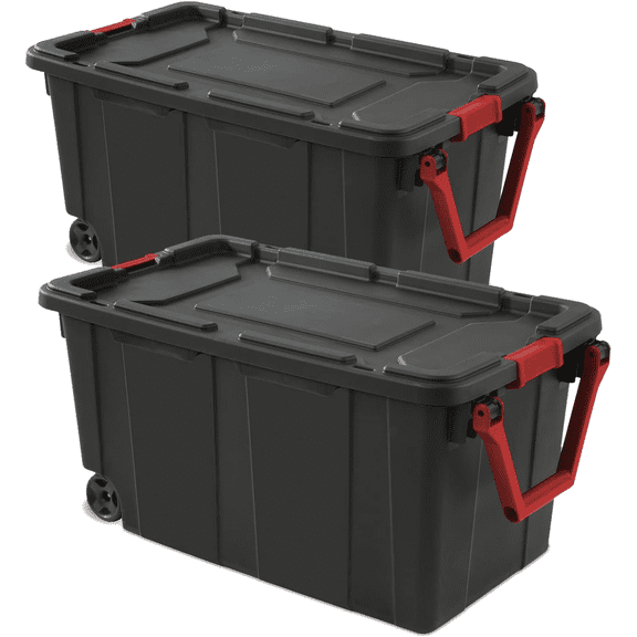 40 Gallon Durable Plastic Storage Tote with Latching Lid, Black, 2 Pack