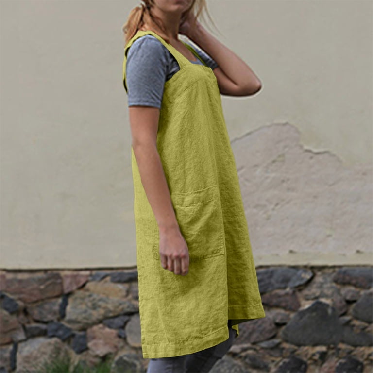 Cotton Linen Apron for women Cross Back Apron Pinafore Dress for Baking Cooking Gardening Work with 48 Pockets Loose Fit Long Tops
