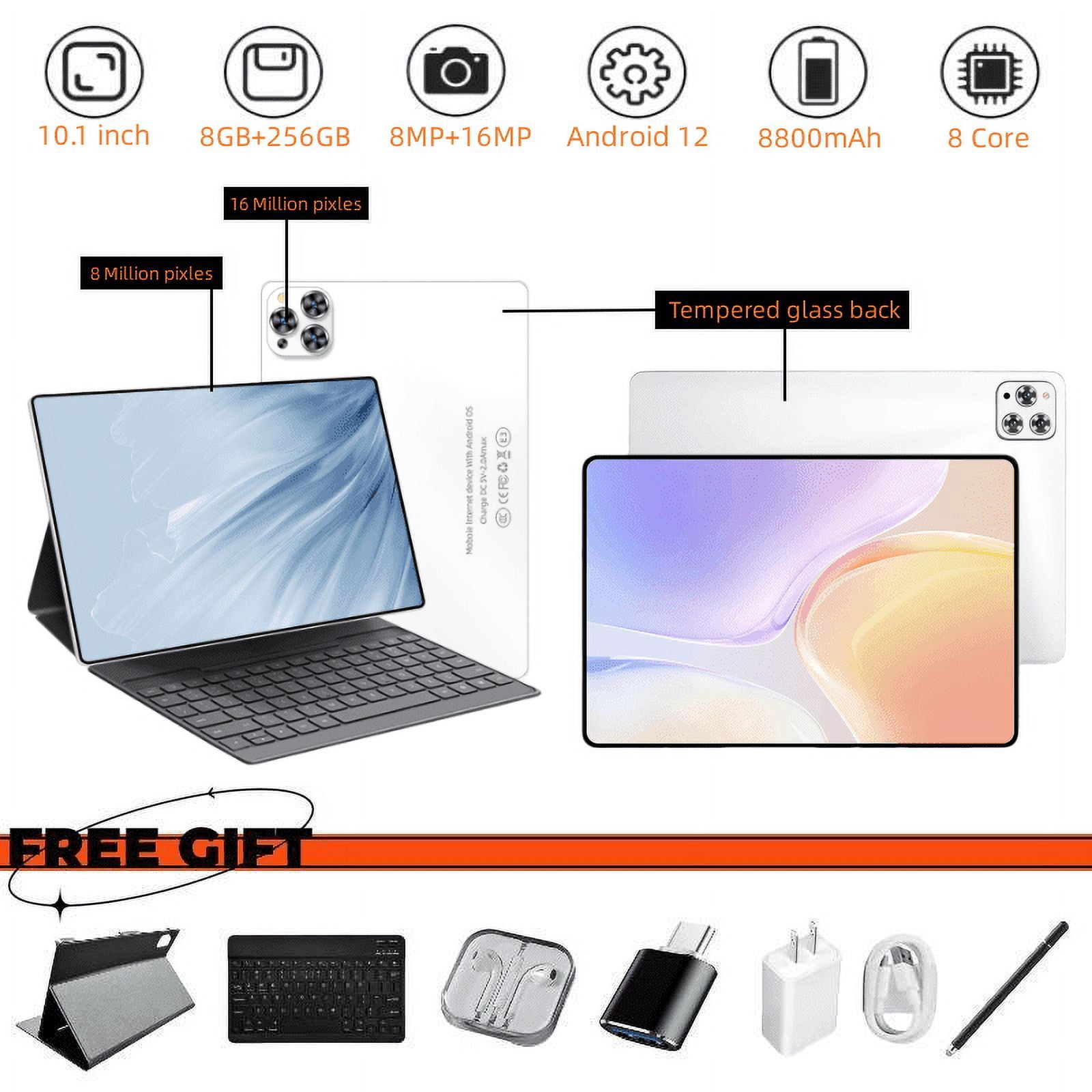 Tablet 10.1 Inch Android 12 Tablet,WiFi Tablets PC,8 GB RAM+256GB ROM( Expand to 512GB),Octa-Core,4G/5G Wi-Fi,Bluetooth,Dual Camera 8MP+16MP,8800mAh,With Bluetooth keyboard