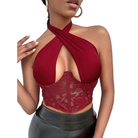 

Women Cross Halter Neck Crop Tops Sleeveless Backless Lace Spliced Corset Top Club Streetwear Vest
