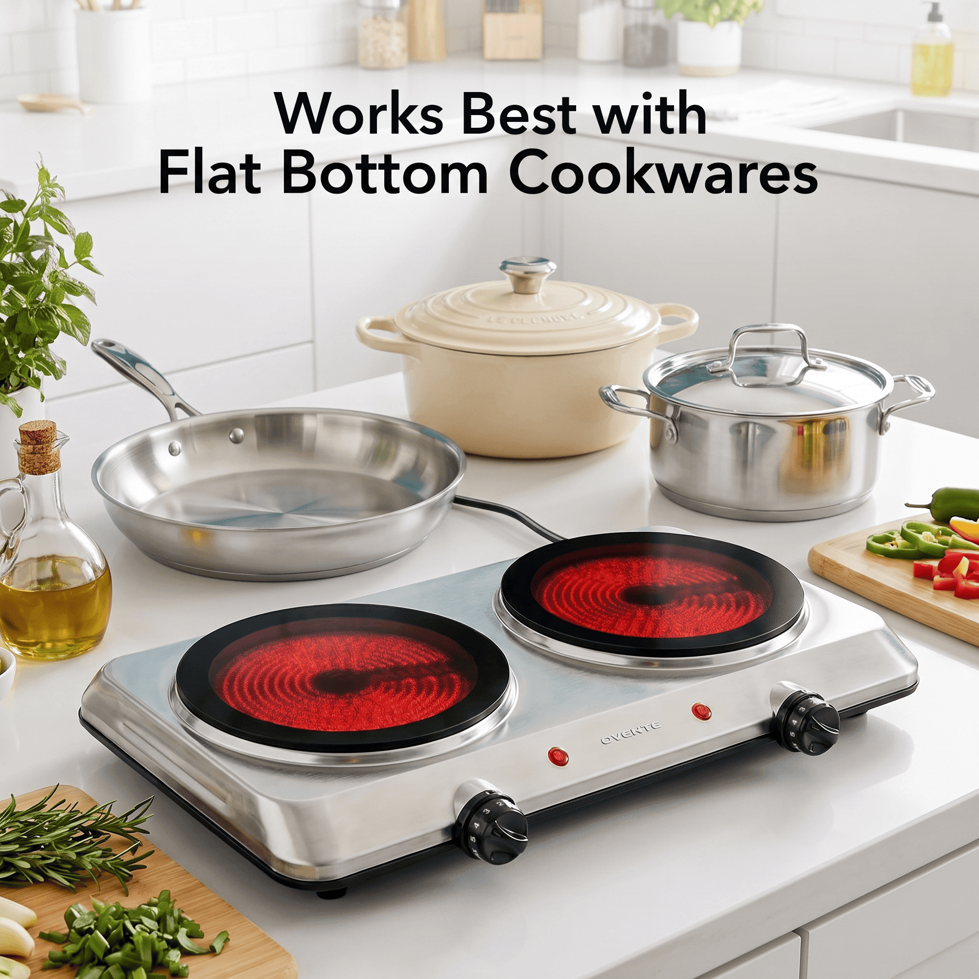 OVENTE Electric Infrared Double Burner, 6 Heat Levels, Silver BGI202S | 1500W Hot Plate w/ 7.5” Ceramic Glass Cooktop, Easy to Clean Stainless Steel Base, Compact Stove for Home, Dorm, Office