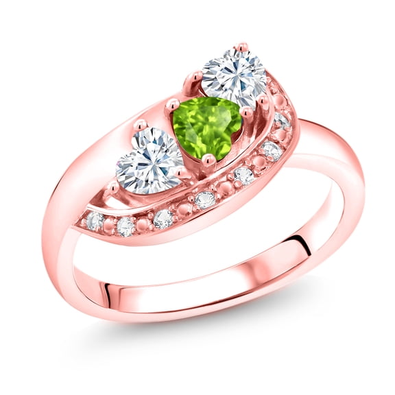 Gem Stone King 18K Rose Gold Plated Silver Green Peridot and White Moissanite and White Created Sapphire Engagement Ring for Women (0.82 Cttw, Gemstone August Birthstone, Heart Shape 4MM, Size 8)