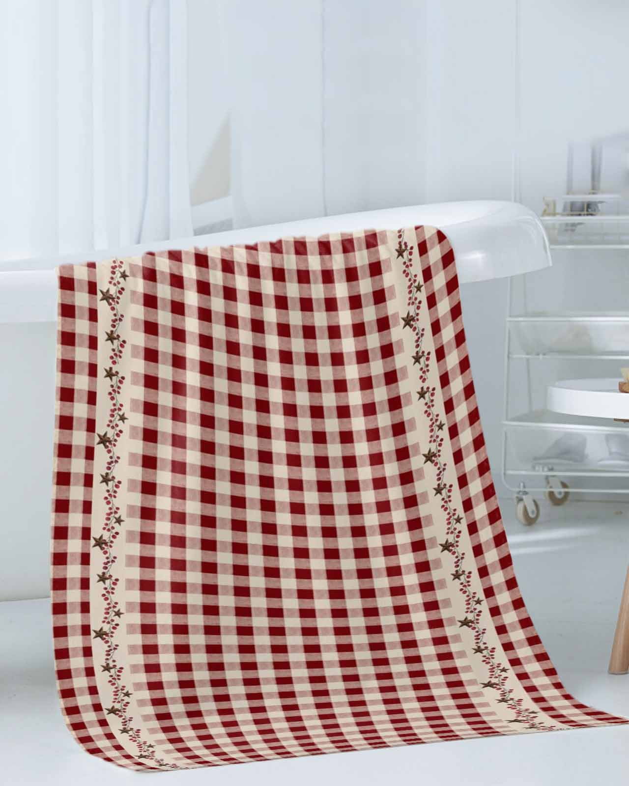 Country Star Plaid Bath Towels for Bathroom Set,Luxury Microfiber Towels Gifts for Women,Beach Kitchen Hand Hair Face Towel and Dish Washcloth,Retro Red American Farm Barn Berry Towels+Set