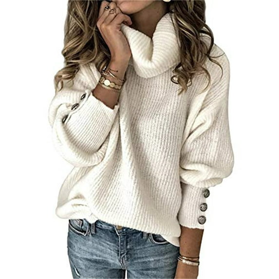 Frontwalk Ladies Jumper Tops High Neck Sweater Long Sleeve Knitted Sweaters Work Loose Pullover Winter Warm White S