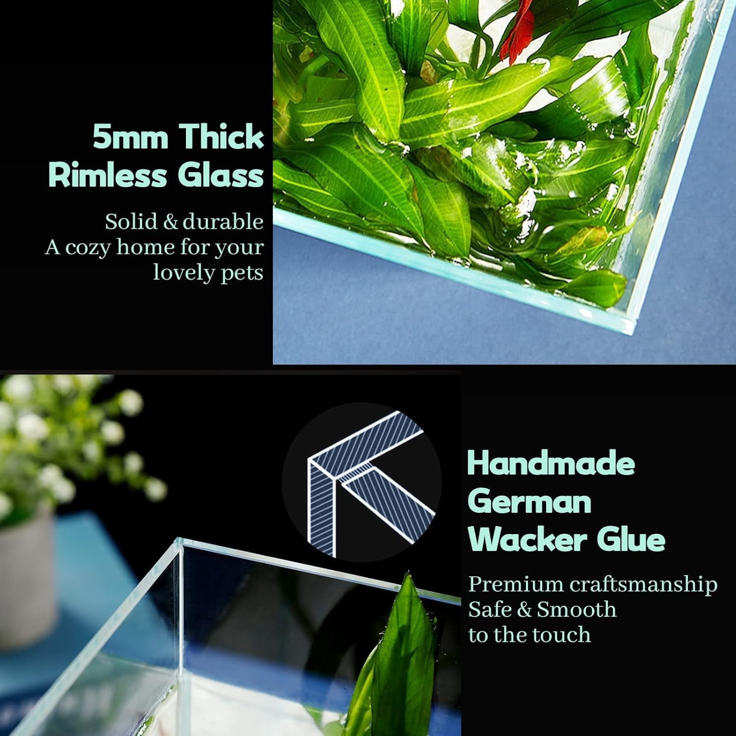3 Gallon Ultra Clear Glass Aquarium, Rimless Low Iron Fish Tank for Betta/Nano/Goldfish/Snail/Shrimp with Fish Net & Cleaning Tools