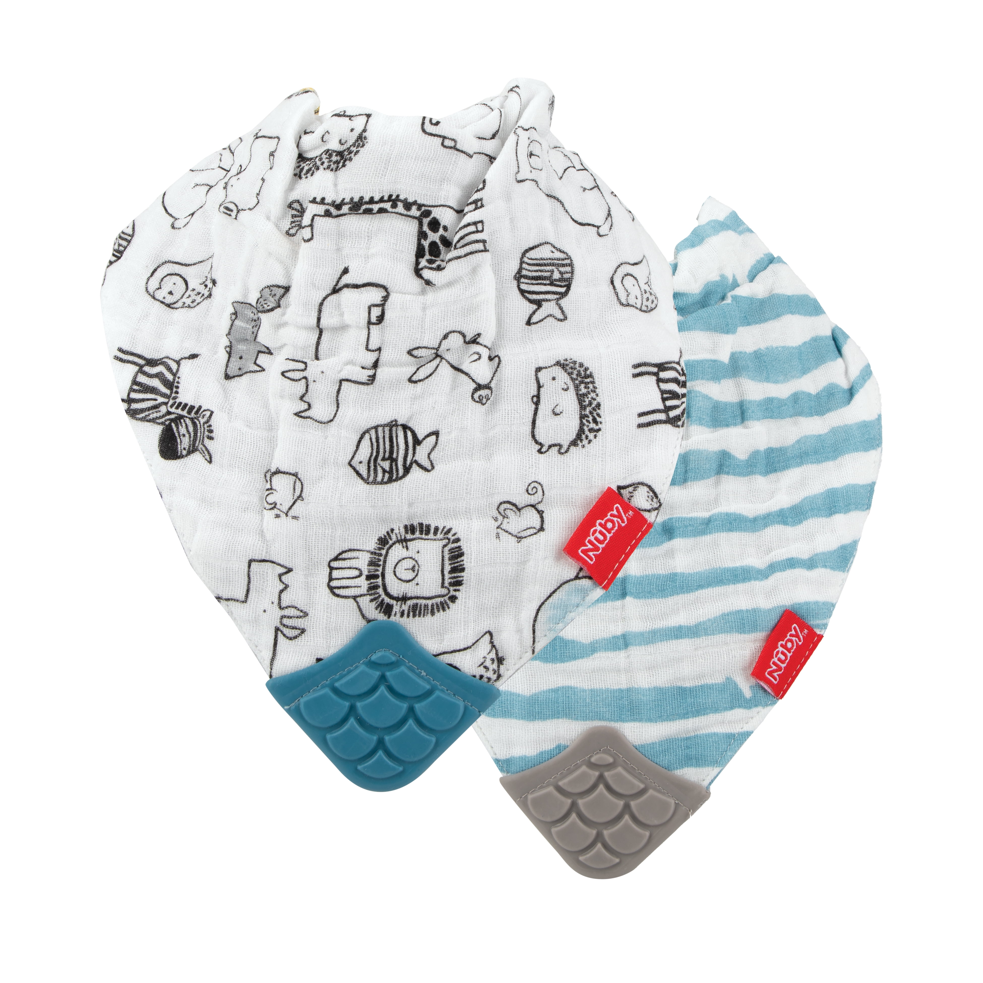Nuby 2 Pack Muslin Cotton Bandana Drool Baby Bib Zoo Print, Unisex