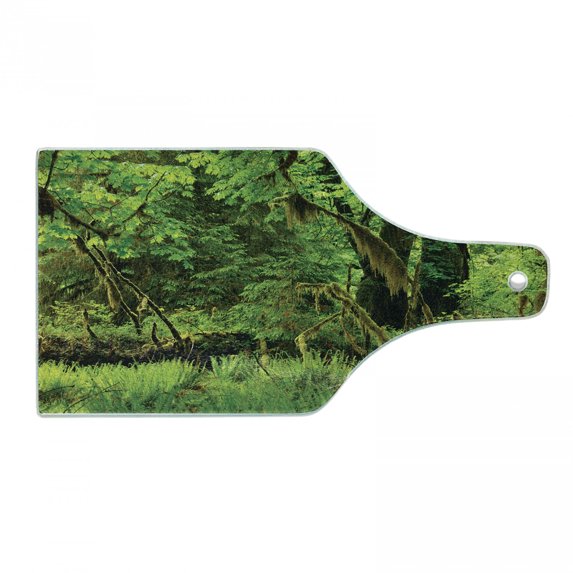 Rainforest Cutting Board, Trees with Moss Natural Paradise Silence in the Wild Nature Relaxation Illustration, Tempered Glass Cutting and Serving Board, Wine Bottle Shape, Green, by Ambesonne