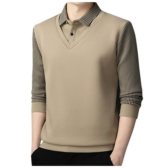 GBSYEWXS Pullover Sweater For Men Long Sleeve Striped Print Pullover Warm Casual Collared Sweaters Khaki