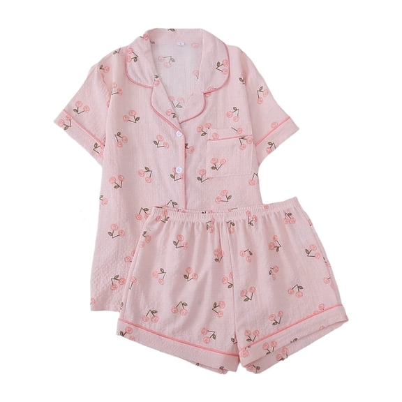 Daznico 2-Piece Casual Pajama Set, Cherry Print Short Sleeve Button Top Pocketed Shorts, Women's Soft Lounge Sleepwear,M