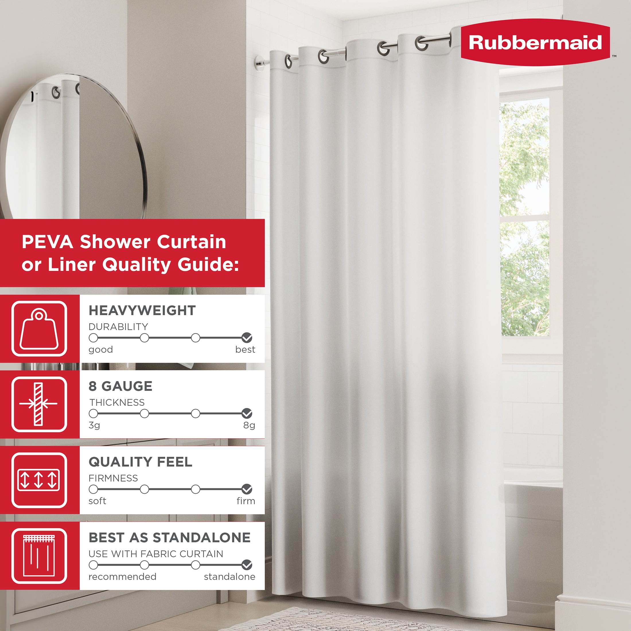 Rubbermaid White No Hook 3-in-1 Waterproof Heavyweight PEVA Instacurtain Shower Curtain with Weighted Magnets and Rustproof Gray Rings, 71” x 74”