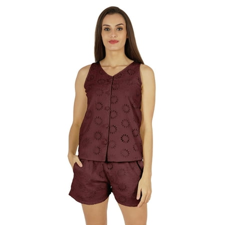 

Bimba Solid Schiffli Top And Short Nightwear Set For Womens Casual 2pcs Sexy Lounge Sleepwear