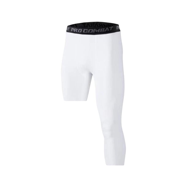 Pantalones de compresión 3/4 para hombre, capa base para correr, entrenar, baloncesto y gimnasio. L Blanco Izquierdo Largo