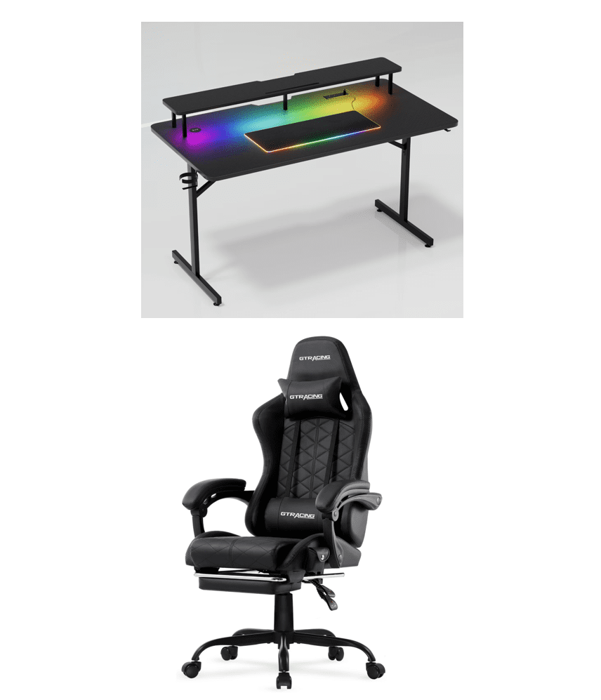 GTRACING LED Gaming Desk and Bluetooth Gaming Chair Set, Black