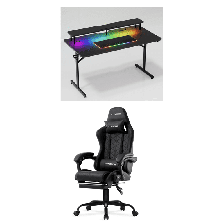 GTRACING LED Gaming Desk and Bluetooth Gaming Chair Set, Black