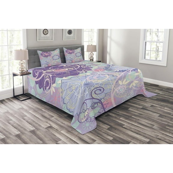 Ambesonne Floral Quilted Bedspread Set 3 Pcs, Dandelions Leaves Swirls, Queen Size, Multicolor