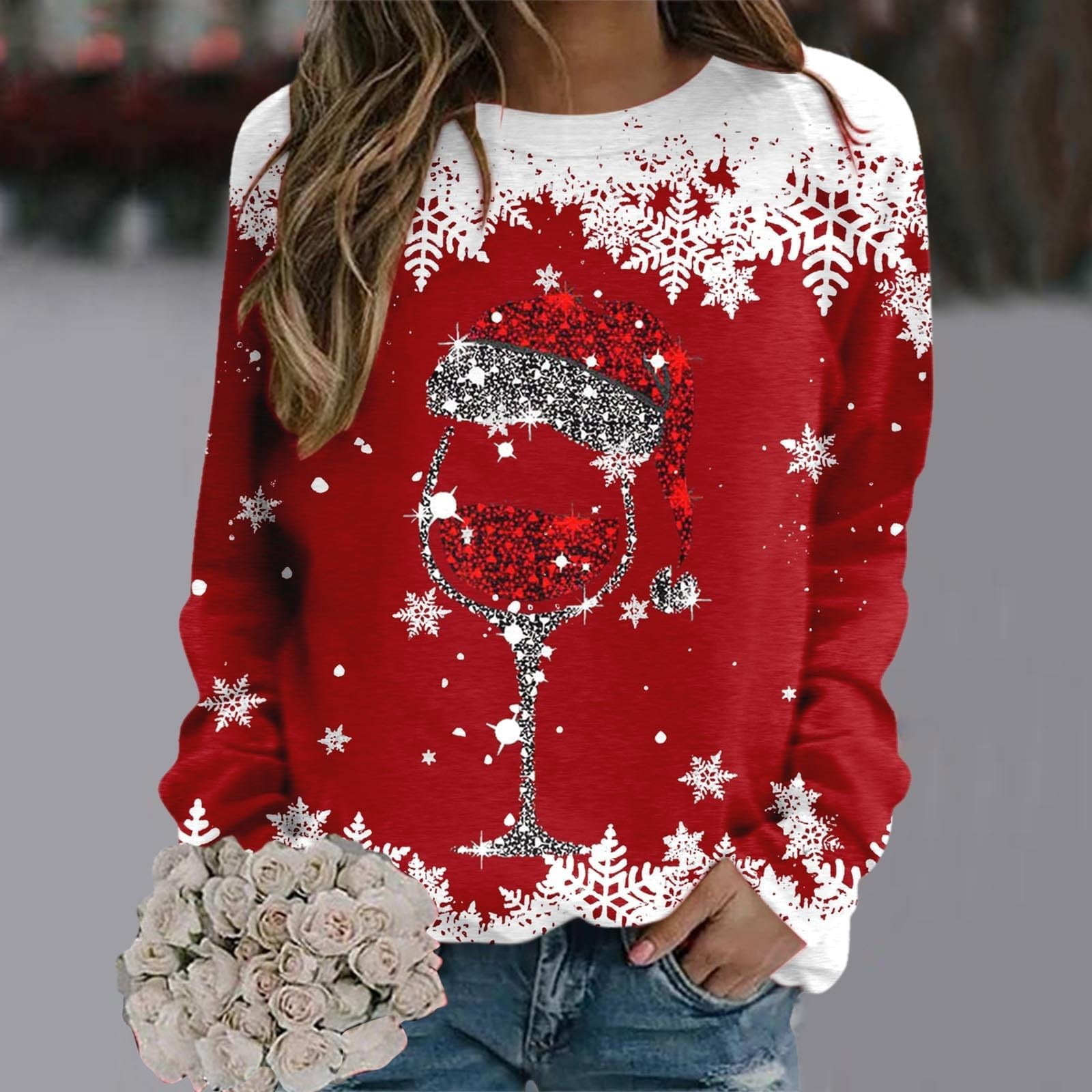 TIMIFIS Womens Christmas Sweatshirt Winter Fashion Cute Wine Glass