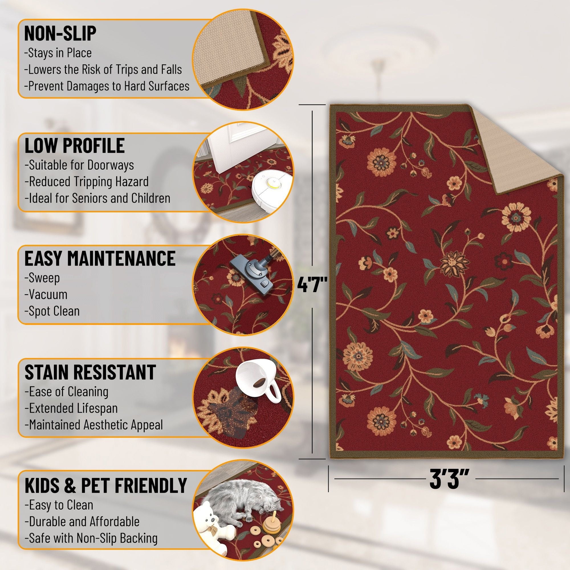 Ottomanson Floral Area Rug 3'3" x 4'7" - Non Slip Low Pile Carpet, Red