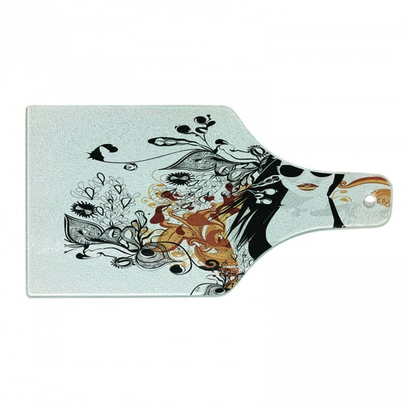 Feminine Cutting Board, Party Girl Glasses with Flowers Blossoms Ornamental Patterns Background Image, Tempered Glass Cutting and Serving Board, Wine Bottle Shape, Orange Black, by Ambesonne
