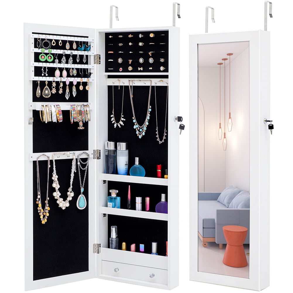 14.5W x 42.5H LVSOMT Jewelry Organizer Cabinet with Full-Length Body Mirror Brown Wall/Door Mounted Jewelry Armoire Large Capacity Lockable Storage Cabinet with 2 Pockets & 4 Shelves Wood