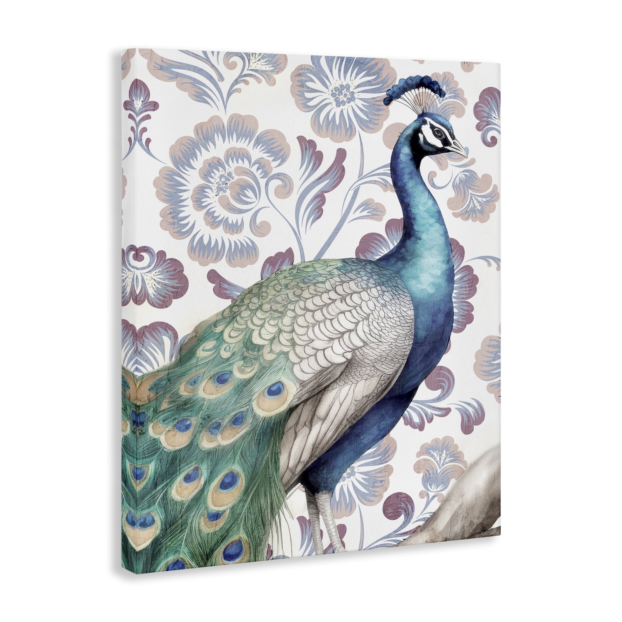 Stupell Industries Peacock on Vintage Florals Animals Painting Wrapped Canvas Art Print Wall Art, 30 x 40