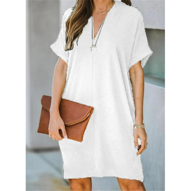 Robe d'Été Unie pour Femmes Papillon Découpée Décontractée Col en V Manches Courtes Robes Amples