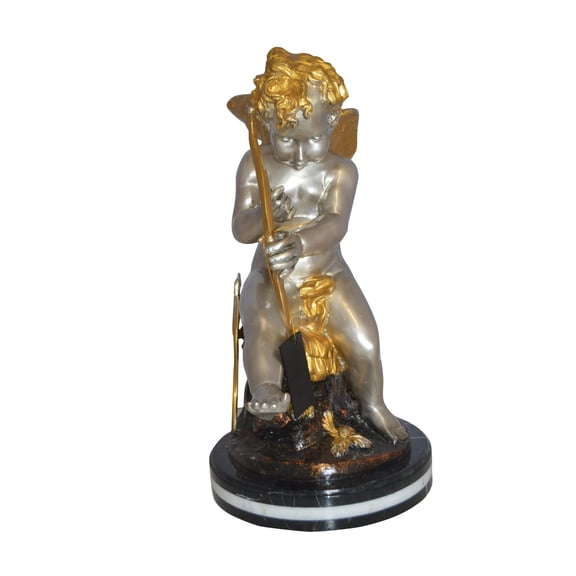 Nifao Cupid Boy On A Rock Bronze Statue - Size: 20"L x 15"W x 26"H.