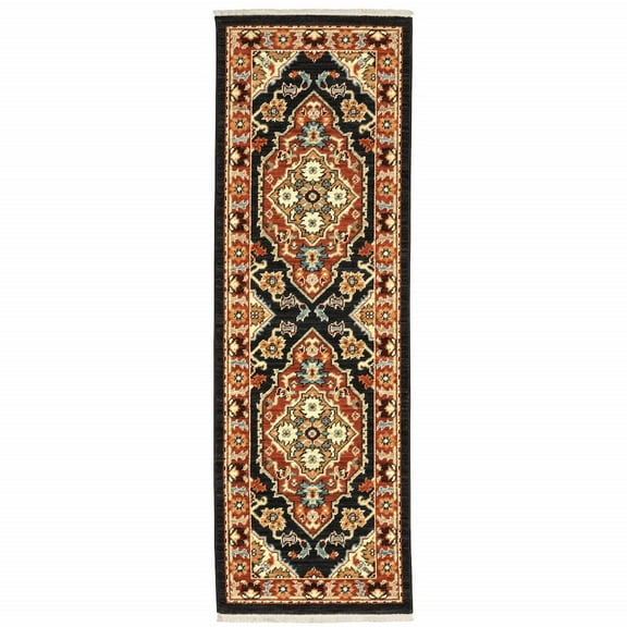 HomeRoots Black Orange And Beige Oriental Power Loom Stain Resistant Runner Rug