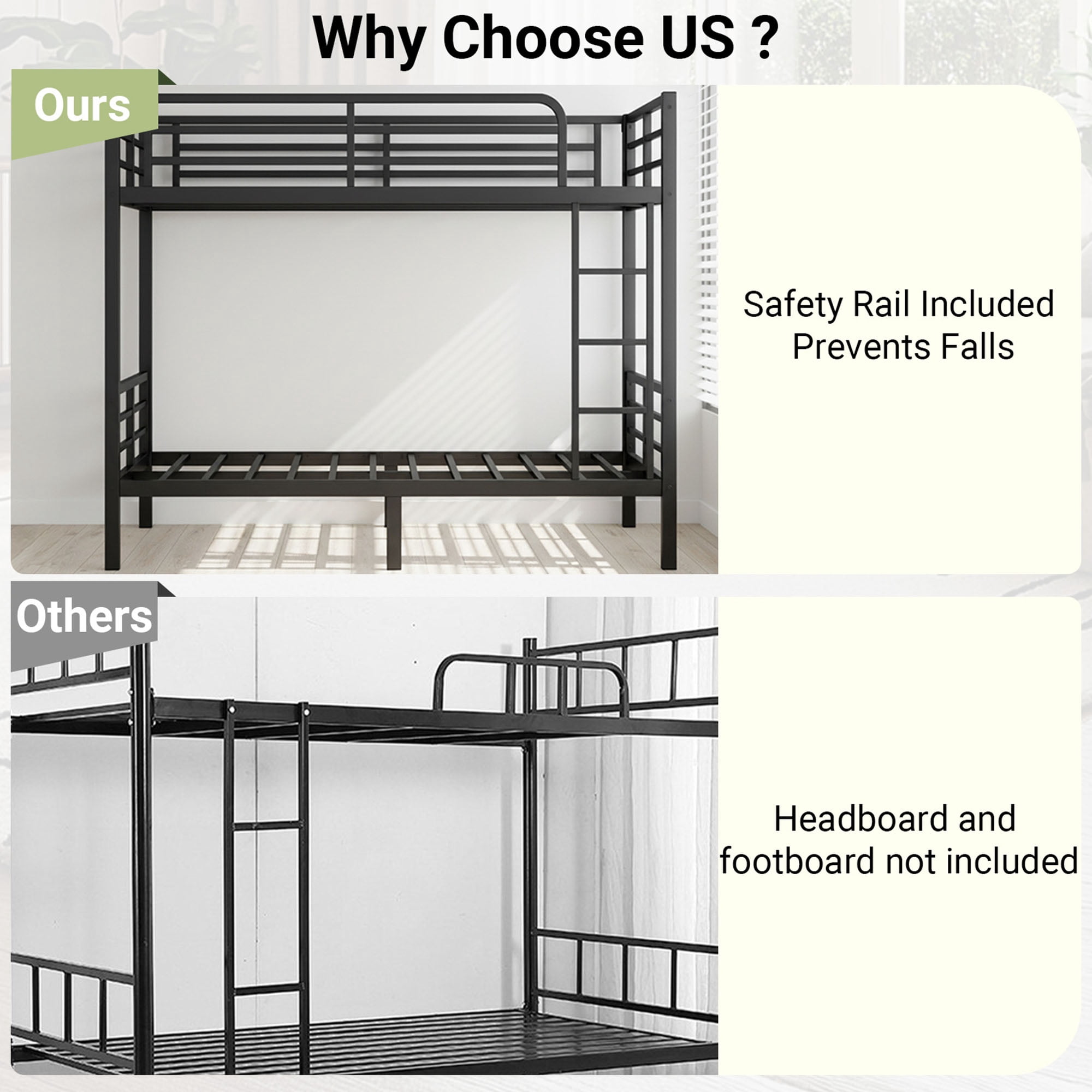 Miniyam Twin over Twin Metal Bunk Bed Frame, Noise Free, Space Saving, Black