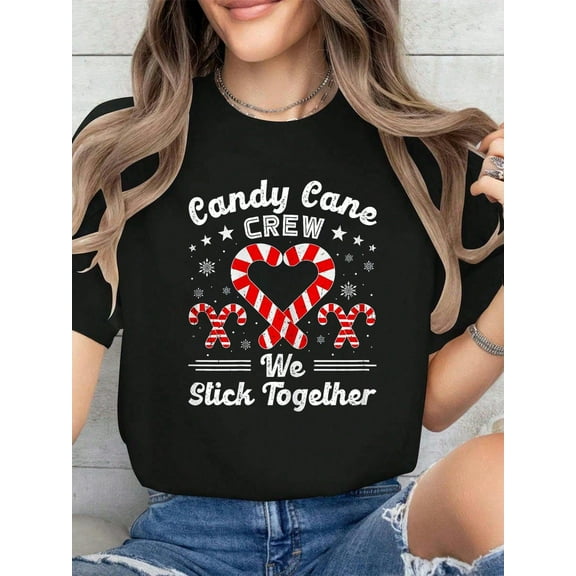 100% Cotton Christmas Candy Cane Heart Crew Family Matching Pajamas T-Shirt Graphic Shirt Women