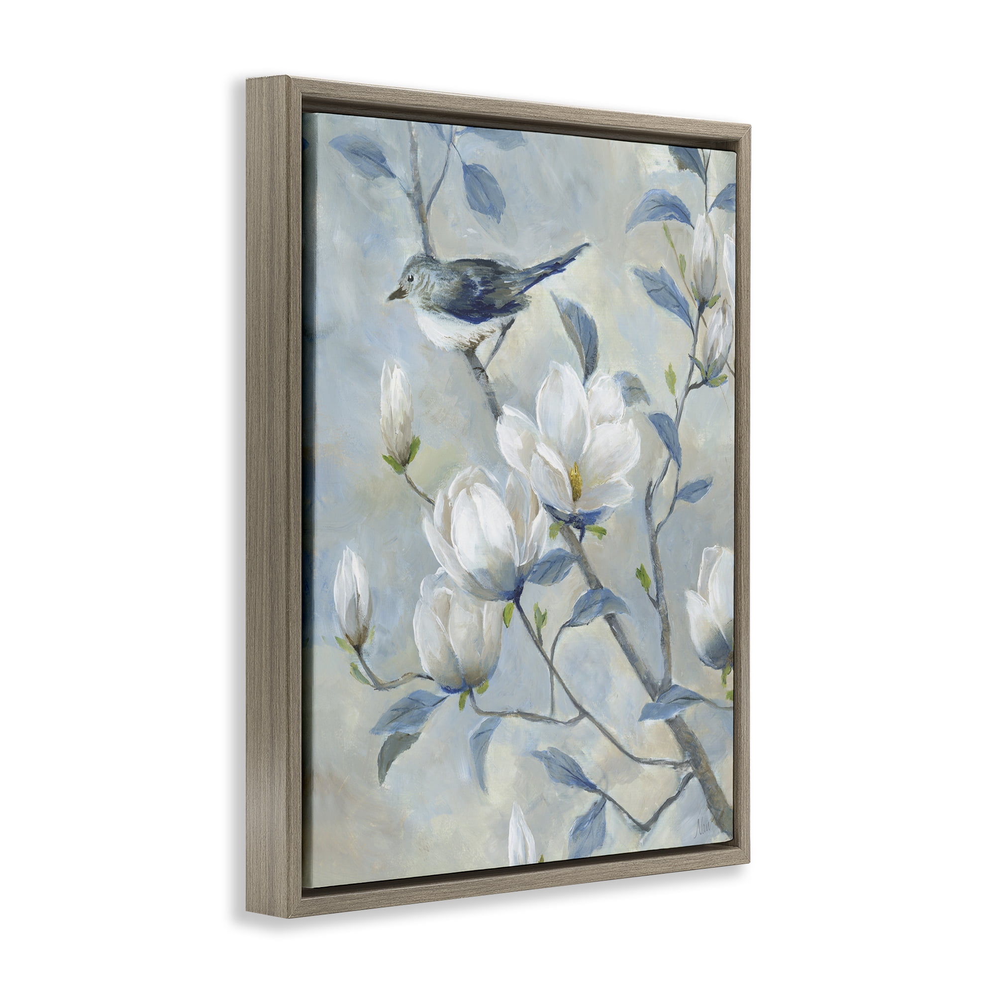 Stupell Industries Blue Bird in Magnolia Tree Brown Framed Floater Canvas Wall Art, design by Nan