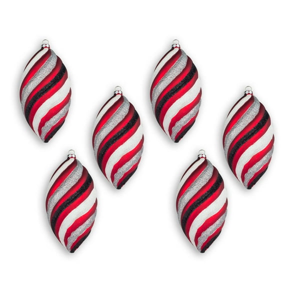 6 Pack of Red, Black, and White Teardrop Ornaments with Black and White Glitter Enhancements