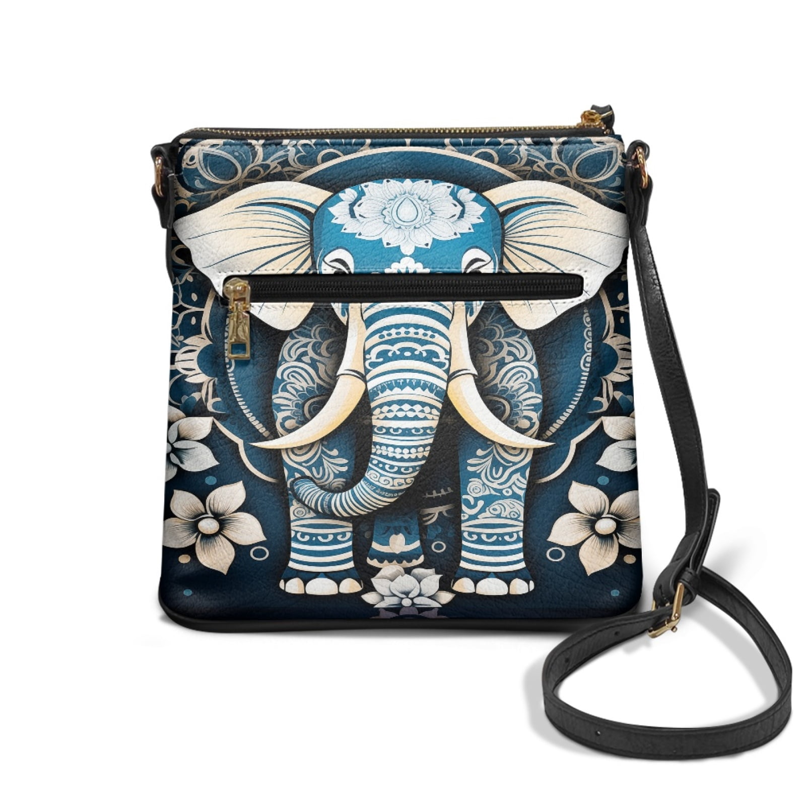 LedBack Elephant Print Leather Shoulder Purse for Women Crossbody, Zipper Hobo Bag Messenger Purse Medium Size Satchel Purse with Adjustable Strap, Blue