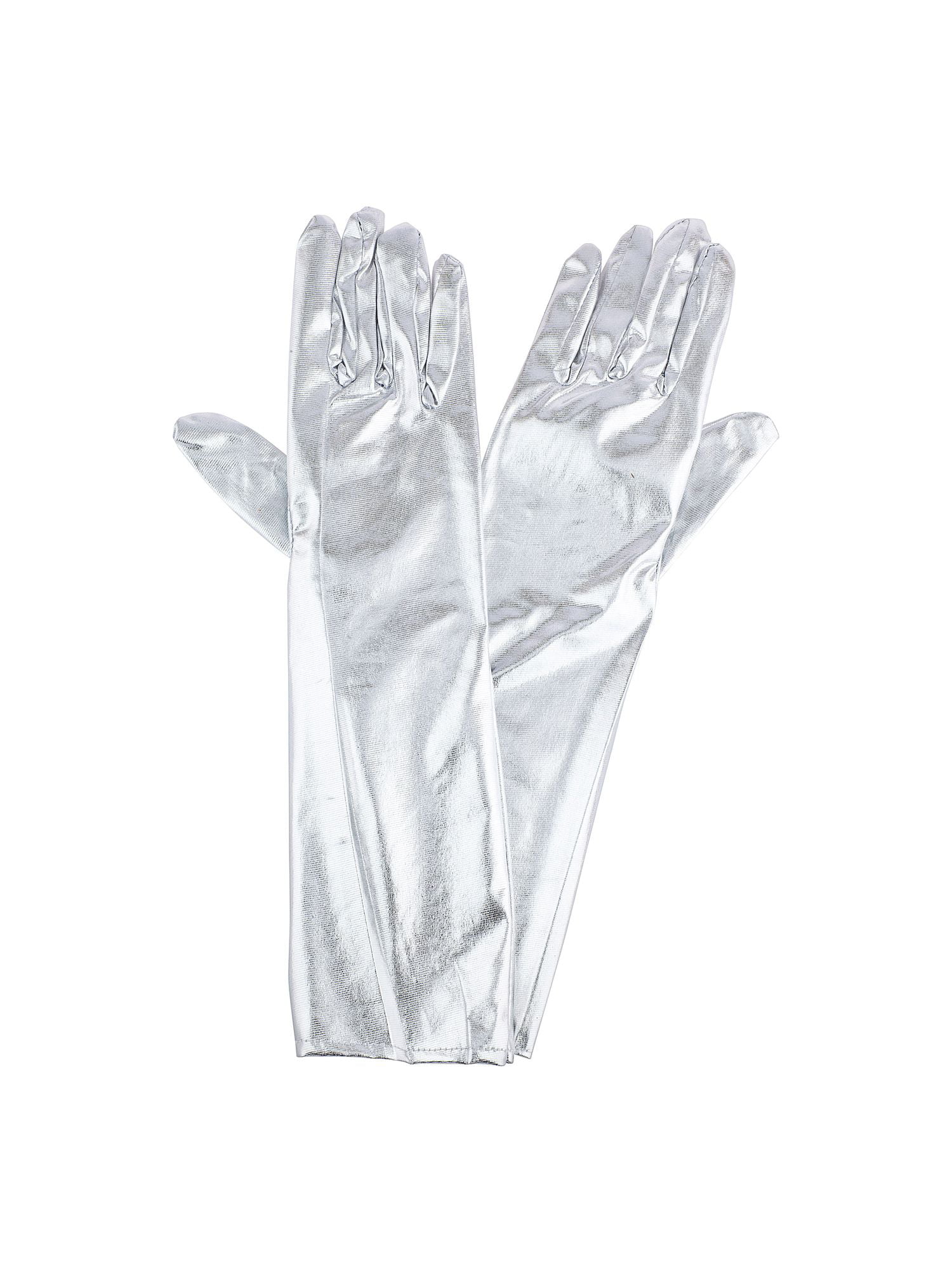 Lux Accessories Silver Long Fitted Fancy Metallic Evening Gown Hand Gloves 