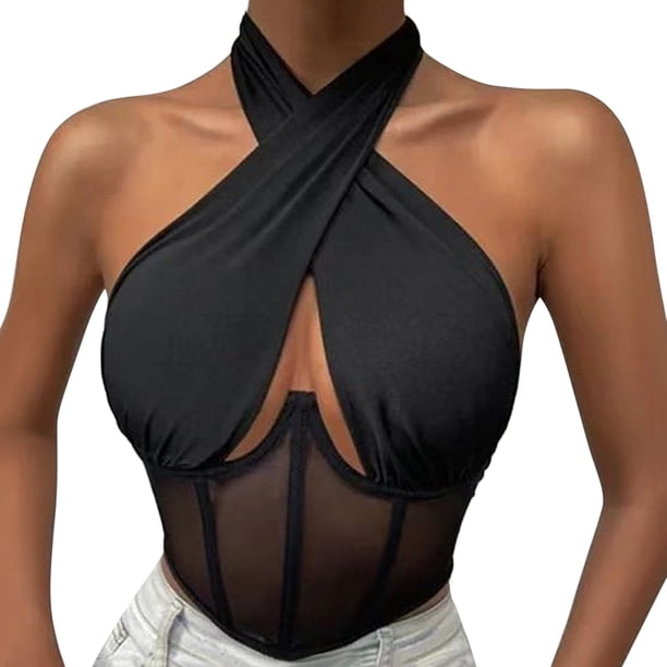 Chaleco sin mangas con tirantes para mujer - Top corsé con escote irregular, poliéster, verano/fiesta - Tallas XS-L
