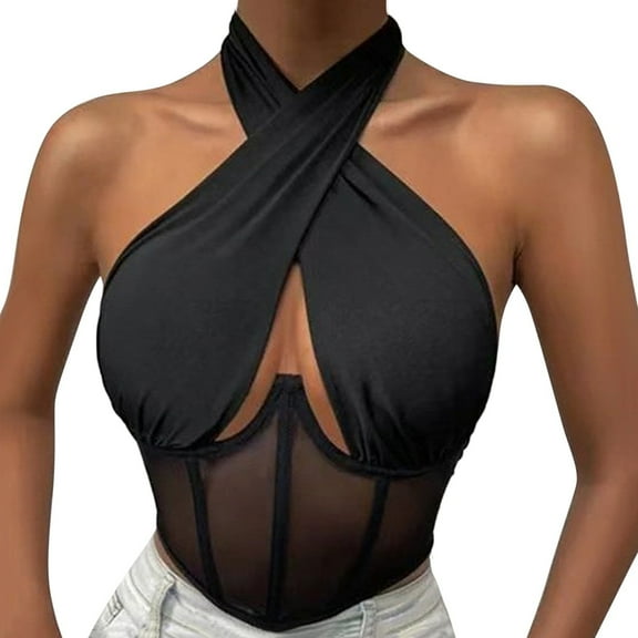 DHFJKG Womens Halter Camisole Sexy Hollow Out Sleeveless Fishbone Corset Cropped Tank Top Mesh Sheer Nightclub Wear Trendy Tops