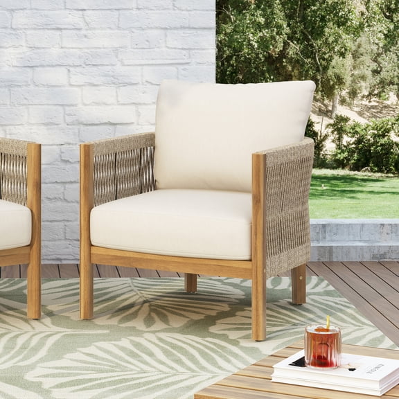 Christopher Knight Home Boho Outdoor Club Chair with Cushions, Handwoven Rope Armchair, Solid Wood, Teak Beige