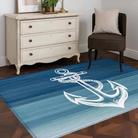 3'x5' Area Rugs, Nautical White Anchor Indoor Outdoor Area Rug for Living Room Bedroom, Blue Gradient Ocean Abstract Washable Bathroom Rugs Kitchen Floor Carpet Mats Home Decor Aesthetic