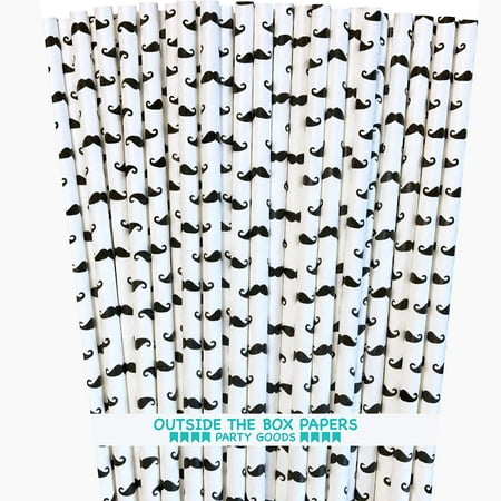 Paper Drinking Straws Mustache Theme Paper Drinking Straws - Black White - 7.75 inches - 50 Pack - Outside The Box Papers Brand ()