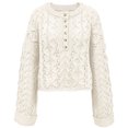 thumbnail image 4 of Women's Cropped Cable Knit Sweater Oversized Half Button Pullover (Beige, L), 4 of 5