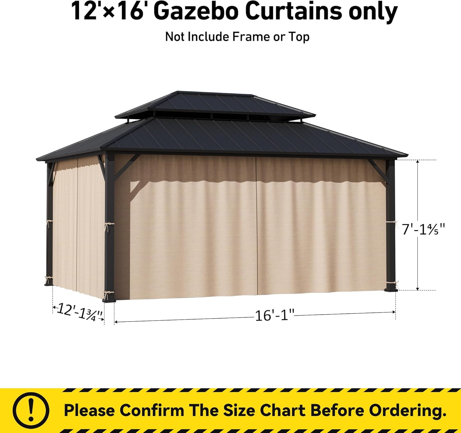 Modern Shade 12'x16' Gazebo Curtain Replacement, Flame-Retardant Waterproof for Patio Backyard, Khaki (Curtain Only)