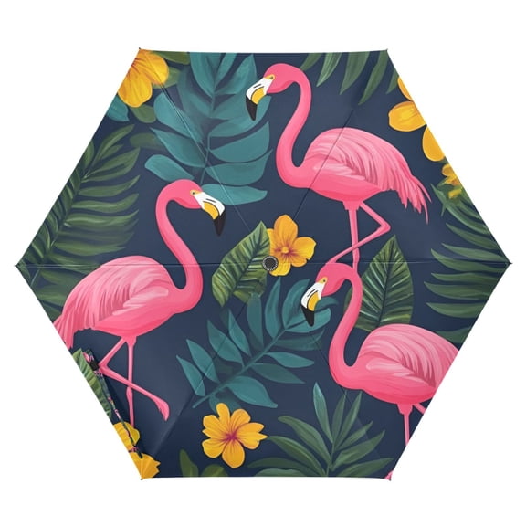 FORMRS Travel Umbrella Folding Auto Open Close Windproof Rain UV Protection, Yellow Floral Flamingo