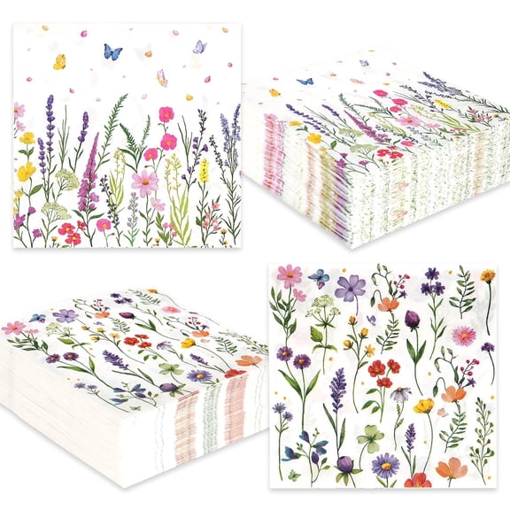 100Pcs Disposable Spring Floral Party Napkins, 2-Ply 6.5×6.5 inch Wildflower Napkin for Spring Birthday Tea Bridal Dinner Parties & Home Use